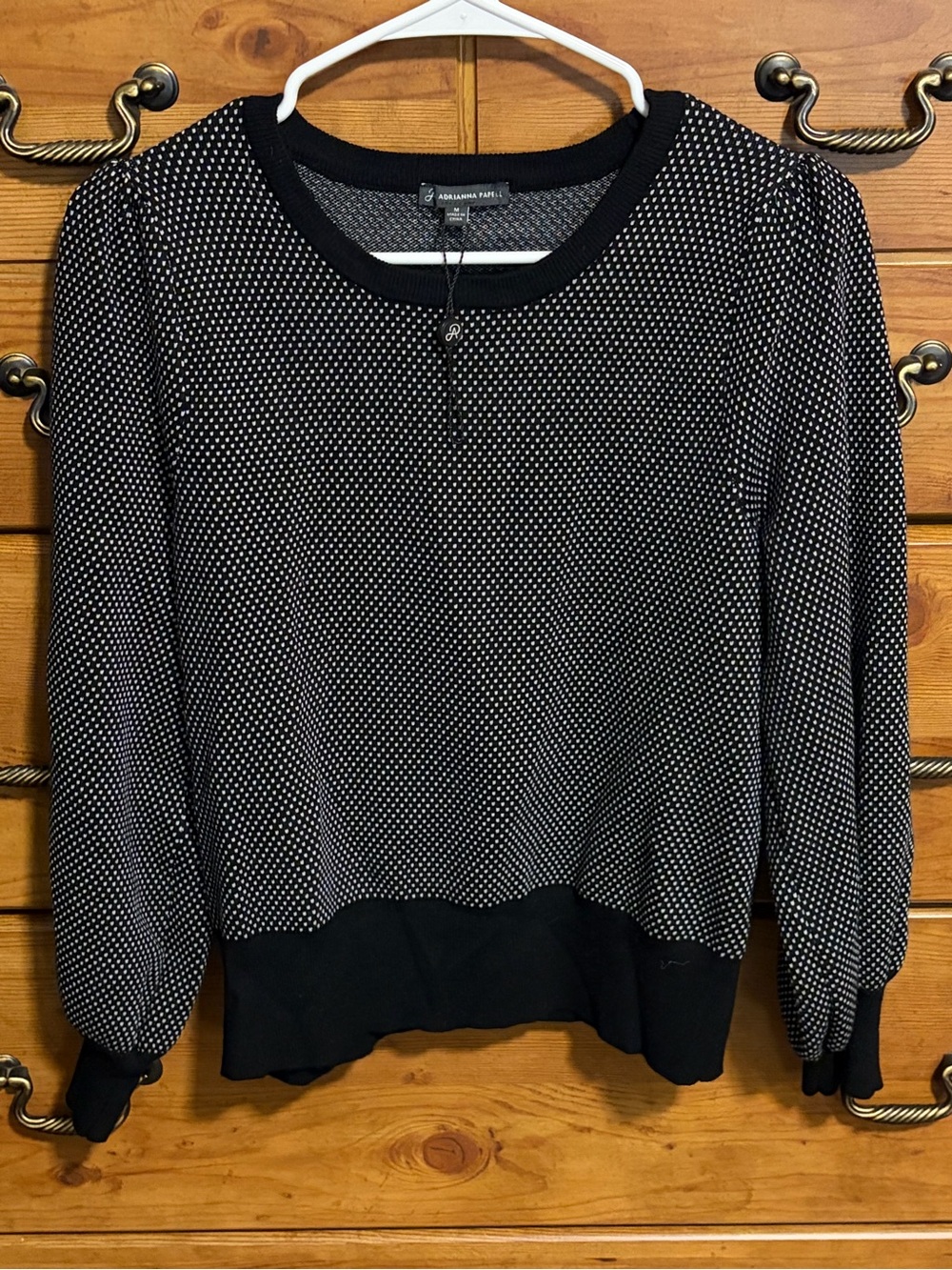 Adrianna Papell Black & White Dot Puff-Sleeve Knit Top